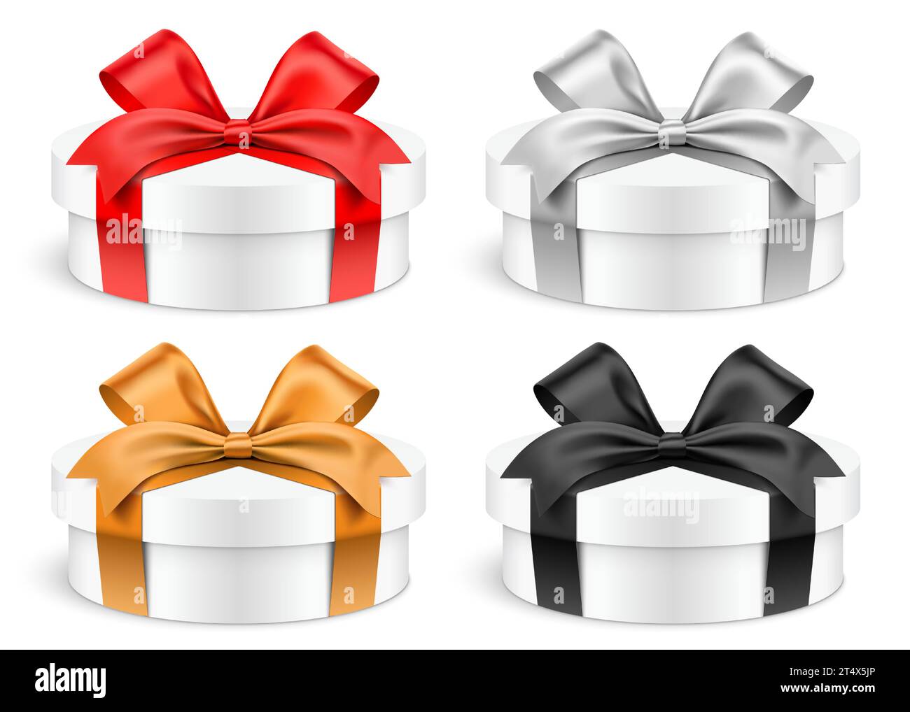 Flache runde weiße Geschenkboxen, umwickelt mit roten, silbernen, goldenen und schwarzen Bändern. Realistische zylindrische Geschenkbox Set Vektorillustration, isoliert auf weißem Hintergrund. Stock Vektor