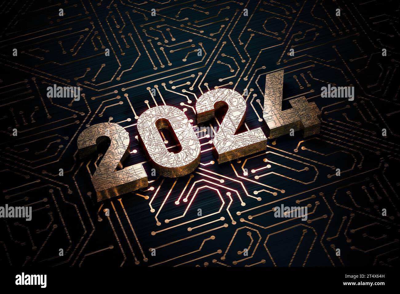 2024 Ziffern auf Leiterplattenleitungen, goldfarben, glänzen über schwarzem Hintergrund. High-Tech, neues 2024-jähriges Grußkartenkonzept. 3D-rendering Stockfoto