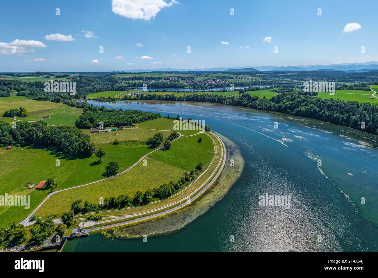 Aus der Vogelperspektive auf das Dorf Epfach am Lech in Oberbayern bei Landsberg Stockfoto