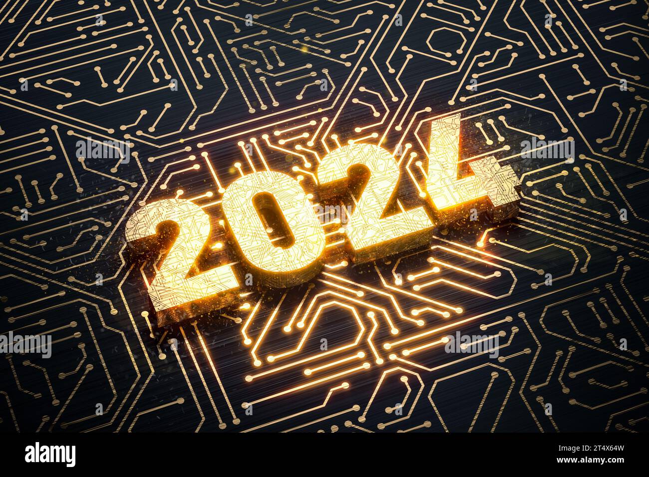 2024 Ziffern auf Leiterplattenleitungen, goldfarben, glänzen über schwarzem Hintergrund. High-Tech, neues 2024-jähriges Grußkartenkonzept. 3D-rendering Stockfoto