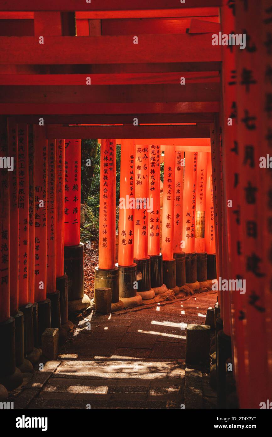 Ein traditioneller asiatischer Schrein mit zwei roten Torii-Toren, an der Seite die Wörter in englischer Sprache geschrieben sind Stockfoto