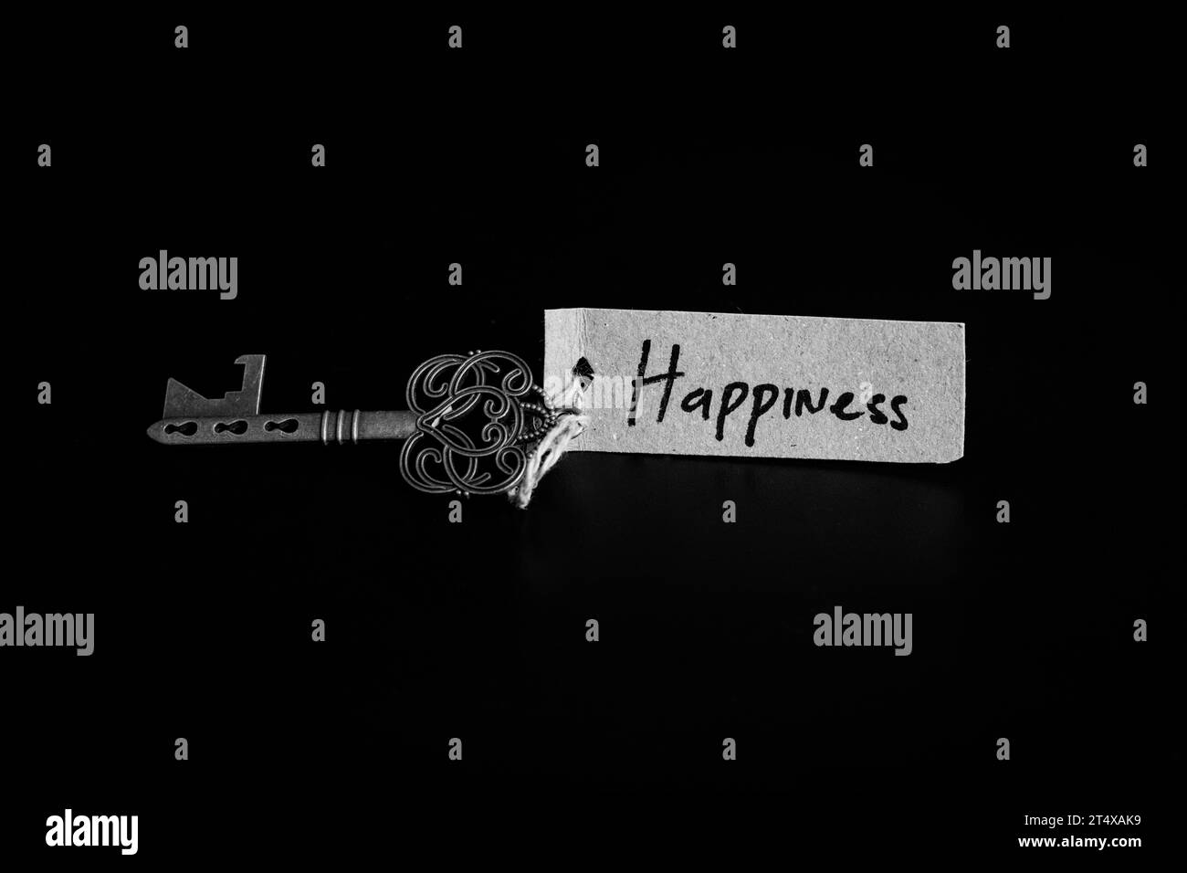 Alter dekorativer Schlüssel und handgeschriebenes Etikett 'Happiness', gebunden mit Strohseil auf schwarzem Hintergrund Stockfoto