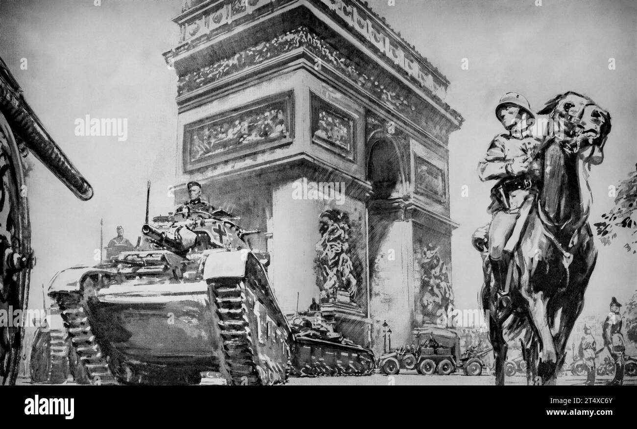 Eine Illustration von Harold Foster von der Wermacht, die am 14. Juni 1940 nach Paris einmarschierte, wobei Panzer und gepanzerte Wagen den Arc de Triomphe überquerten. In den vergangenen Tagen war die Regierung nach Bordeaux aufgebrochen. Stockfoto