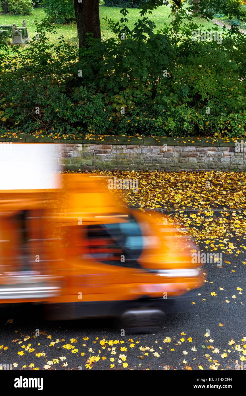 Fahrzeug der Kommunaldienste über eine regennasse Straße mit nassem Herbstlaub, Nordrhein-Westfalen, Deutschland Fahrzeug der Stadtbetri Stockfoto