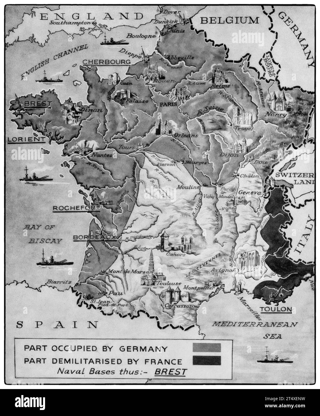 Eine Karte, die die Abgrenzung Frankreichs nach dem Waffenstillstand vom 21. Juni 1940 veranschaulicht; sie umfasste Nordfrankreich, Paris und die gesamte Atlantikküste. Stockfoto