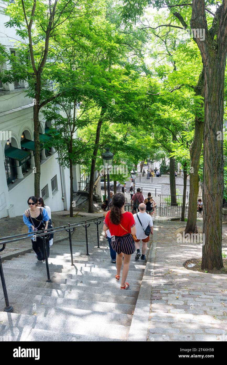 Steile Stufen von Rue Foyatier, Montmartre, Paris, Île-de-France, Frankreich Stockfoto