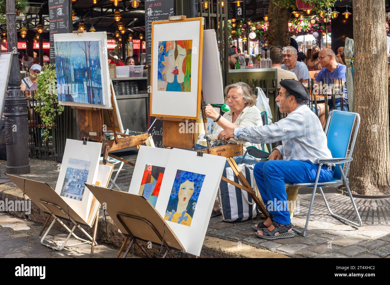 Künstler-Stände in Montmartre, Place du Tertre, Paris, Île-de-France, Frankreich Stockfoto