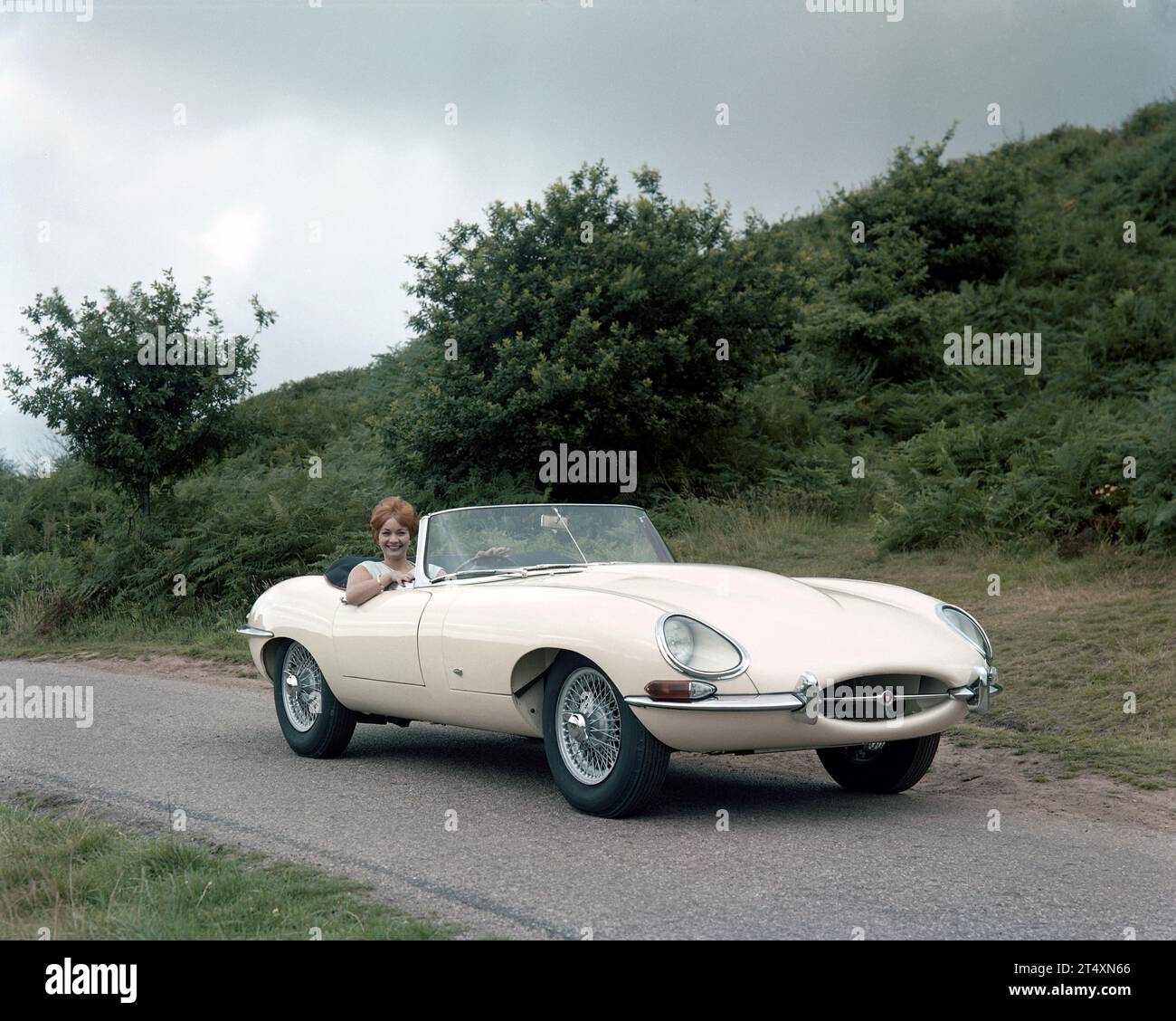 Frühe Werbefoto des Jaguar E-TYPE S1, offener Zweisitzer, 3,8 L, mit Modell in weißem Kleid. Aufgenommen im Halesowen Golf Club am 21./8/1961 Stockfoto