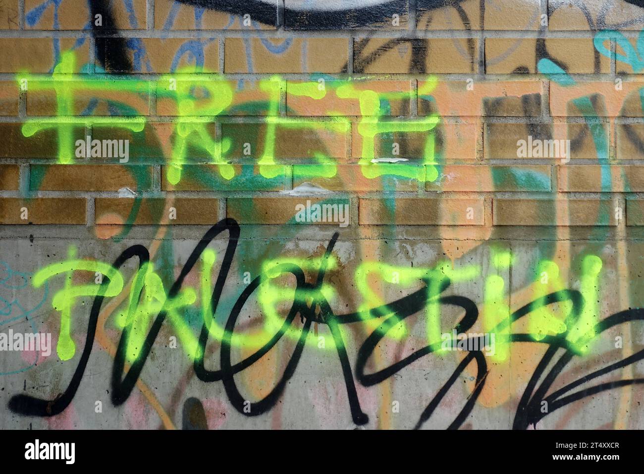 FREE PALESTIN - Wandbotschaft - Auflösung Israels als eigenständiger Staat - Berlin, Deutschland, DEU, DE, 01.11.2023 - Berlin-Mitte: Politischer Protest im öffentlichen Raum für die Freiheit Palästinas. 7. Oktober überfiel die islamistische Terrororganisation Hamas den Staat Israel. Das Ziel der Hamas ist die Zerstörung Israels. Die islamische Hamas strebt die Errichtung eines islamischen Gottesstaates Palästina an. Die Hamas ist eine palästinensische, national-islamistische Organisation. *** FREIE PALESTIN Wall Message Auflösung Israels als unabhängiger Staat Berlin, Deutschland, DEU, G Stockfoto