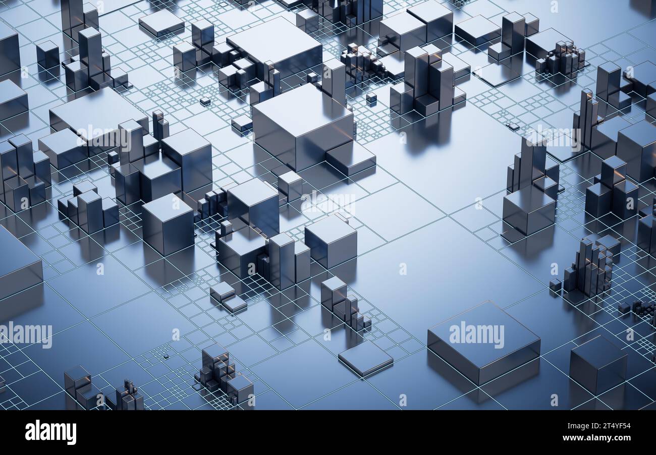 Platine mit Metallwürfeln, 3D-Rendering. 3D-Abbildung. Stockfoto