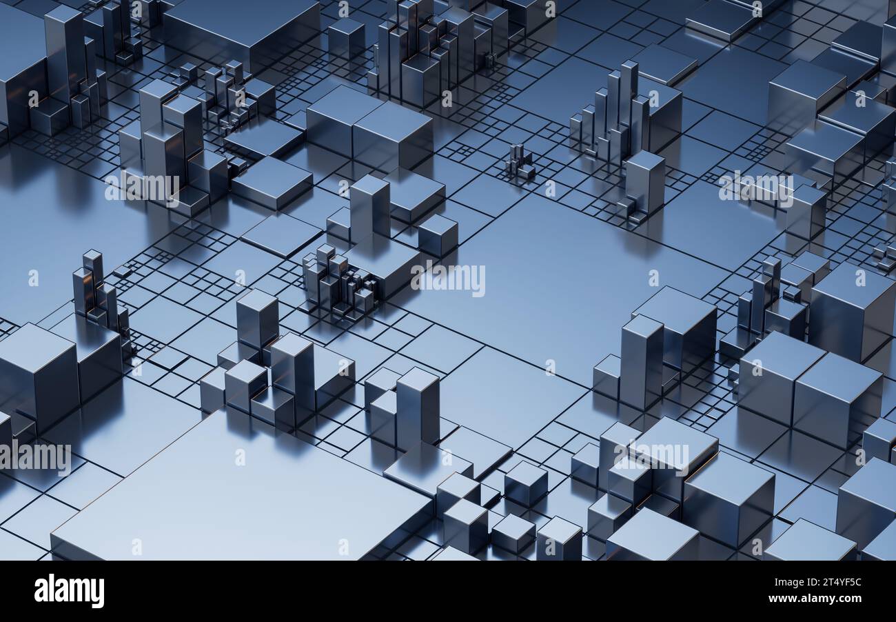 Platine mit Metallwürfeln, 3D-Rendering. 3D-Abbildung. Stockfoto