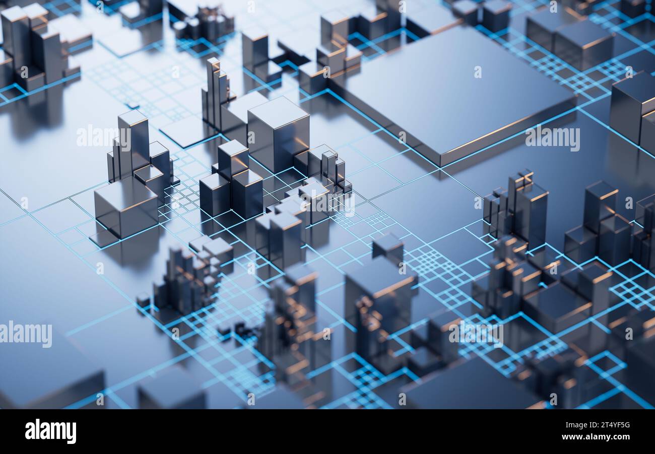 Platine mit Metallwürfeln, 3D-Rendering. 3D-Abbildung. Stockfoto