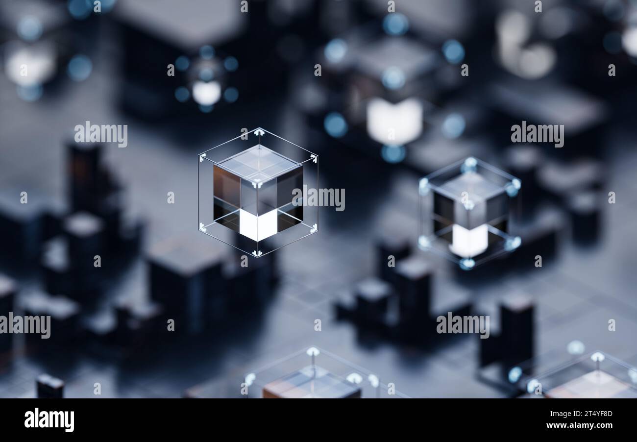 Platine mit Metallwürfeln, 3D-Rendering. 3D-Abbildung. Stockfoto