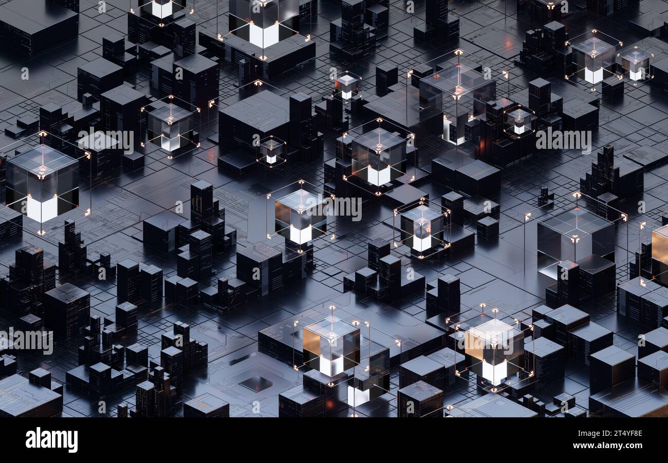 Platine mit Metallwürfeln, 3D-Rendering. 3D-Abbildung. Stockfoto