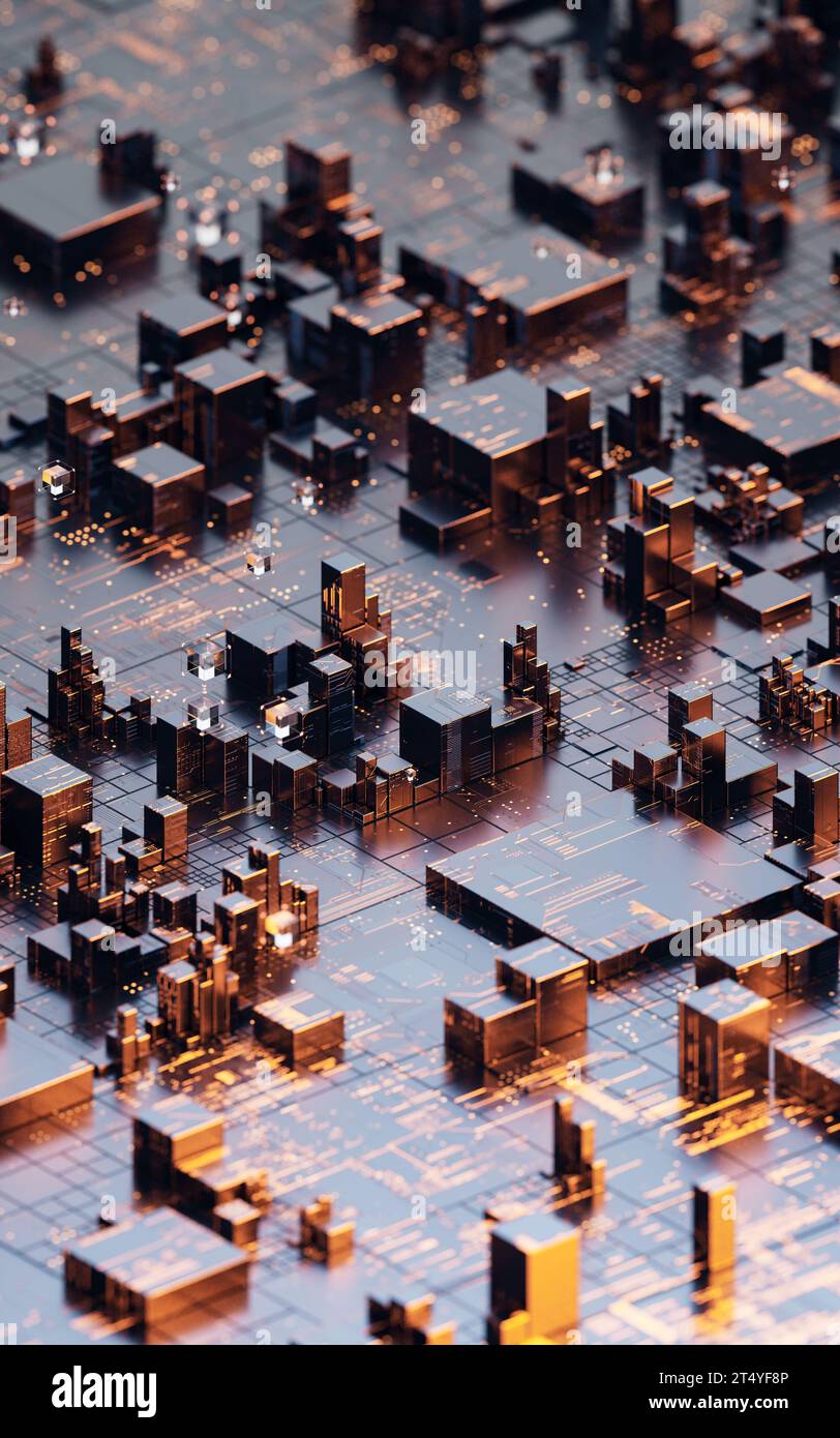 Platine mit Metallwürfeln, 3D-Rendering. 3D-Abbildung. Stockfoto