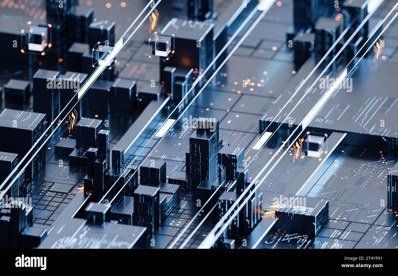 Platine mit Metallwürfeln, 3D-Rendering. 3D-Abbildung. Stockfoto