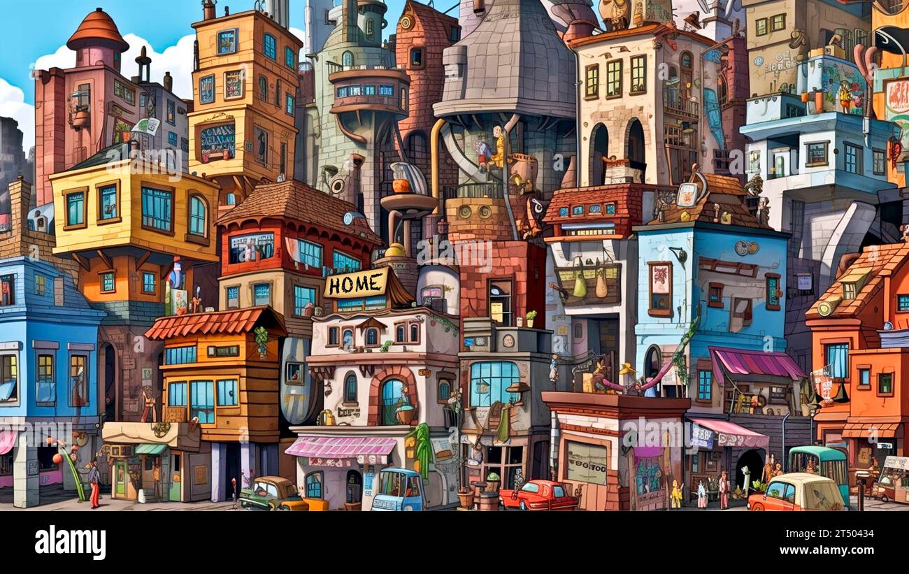 Ein lebendiges und farbenfrohes Gemälde einer Cartoon-Straßenszene Stockfoto