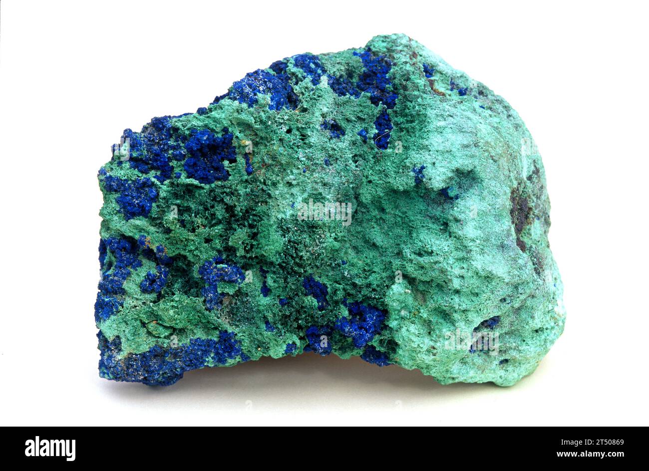 Malachit (grün) und Azurit (blau) sind zwei Kupferkarbonat-Mineralien. Probe. Stockfoto