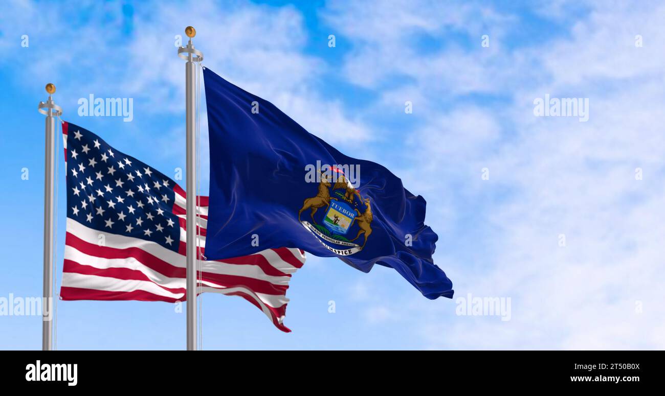 Die Bundesflagge Michigan und die Nationalflagge der usa winken an klaren Tagen im Wind. Stolz und Patriotismus. 3D-Darstellung. Wackelndes Fabri Stockfoto