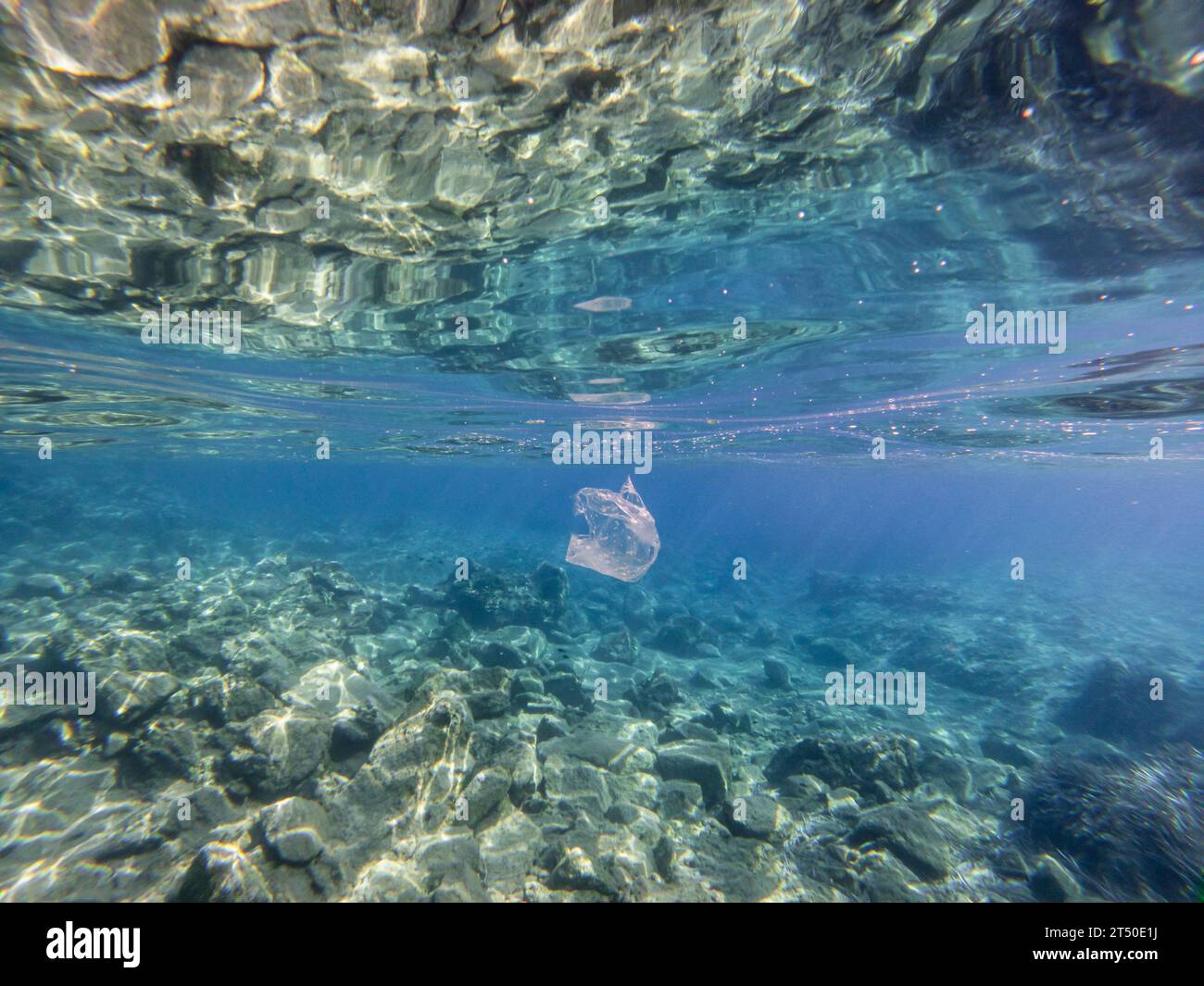 Weiße Plastiktüte, die im Meer schwimmt. Umweltverschmutzung. Stockfoto