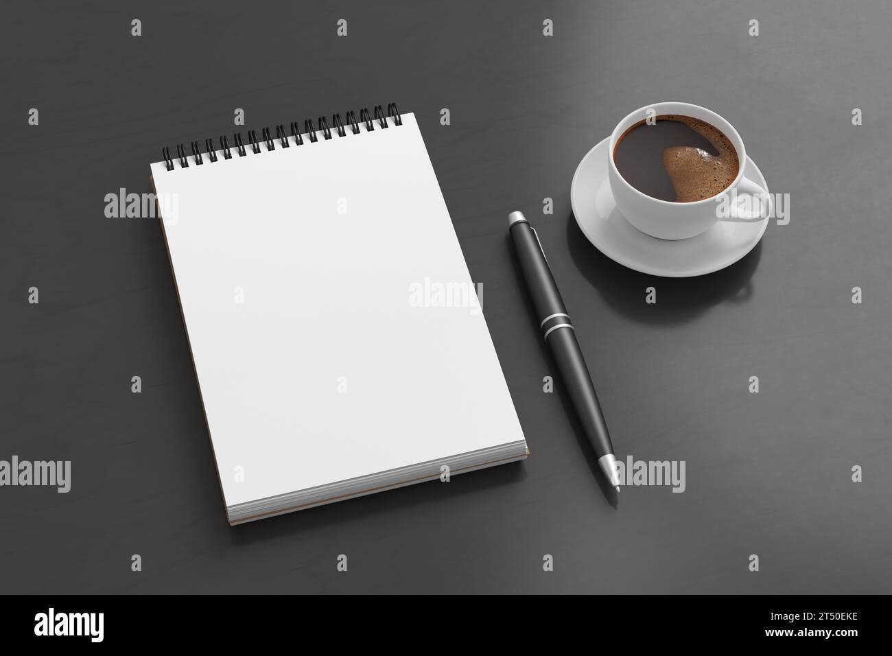 Notebook-Modell. Leeres Notebook am Arbeitsplatz. Spiral-Notizblock auf dunklem Holztisch. 3D-Abbildung Stockfoto