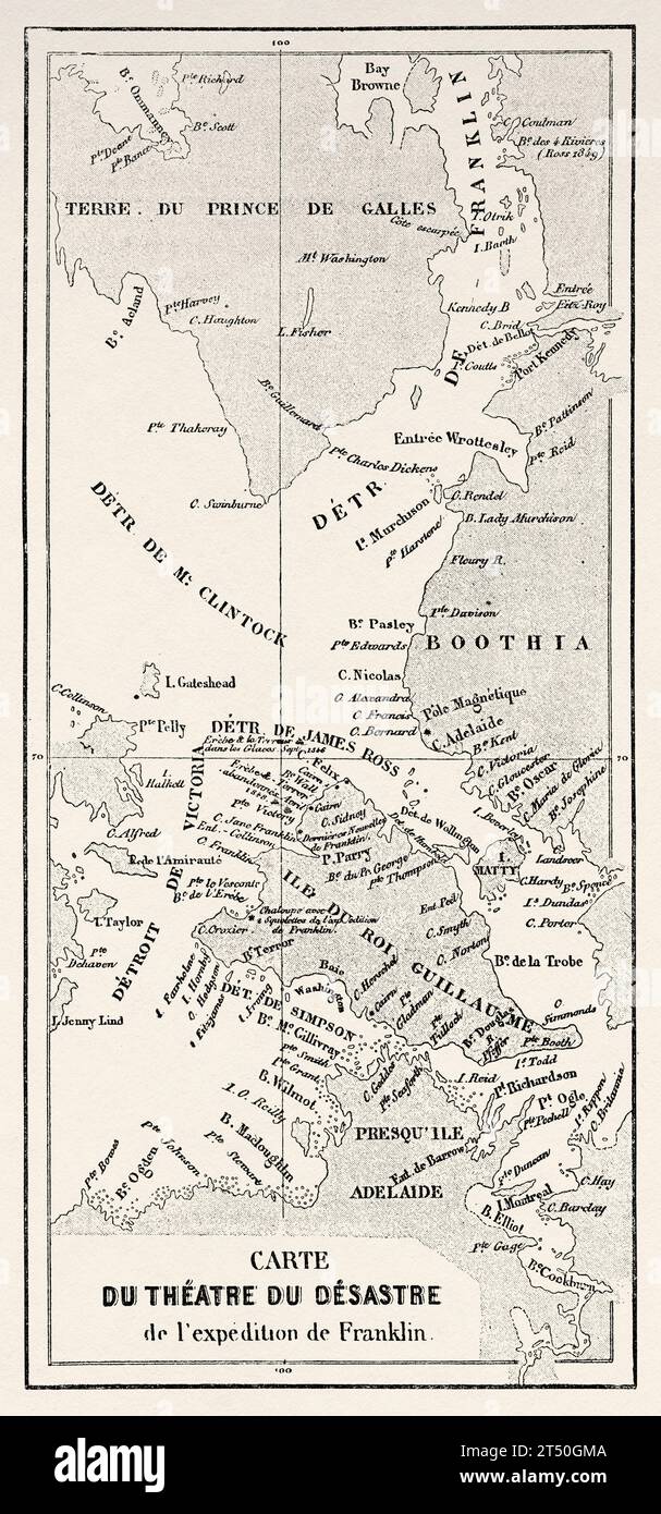 Alte Karte der arktischen Region von Sir John Franklin Expeditionskatastrophe. Geschichte von Franklins verlorener Expedition in der Arktis (1786–1847) alter Stich aus dem 19. Jahrhundert aus Le Tour du Monde 1860 Stockfoto