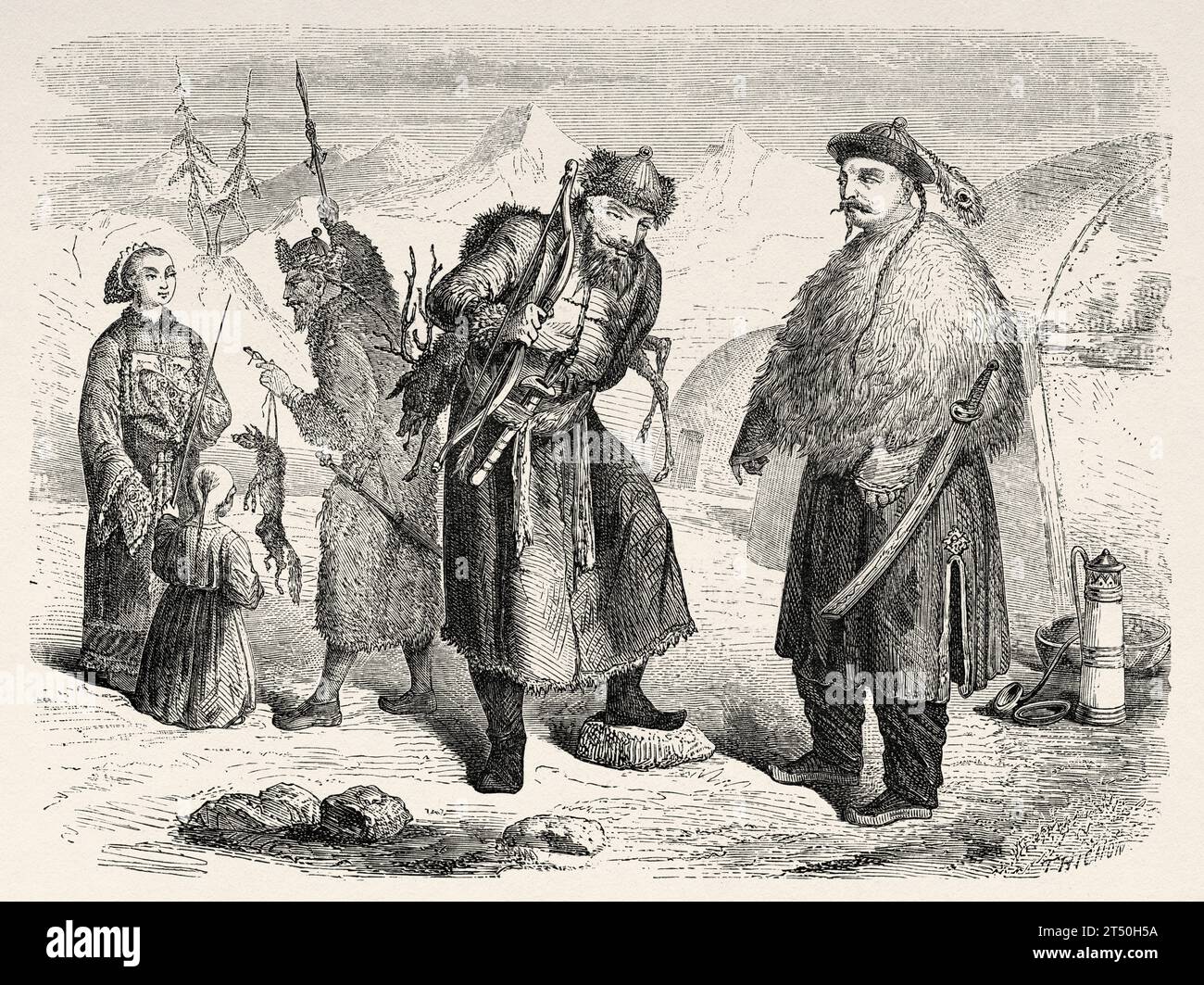 Die Mandschus, die Tungusic-ostasiatische ethnische Gruppe, die in der Mandschurei in Nordostasien beheimatet ist. Alter Stich aus dem 19. Jahrhundert aus Le Tour du Monde 1860 Stockfoto