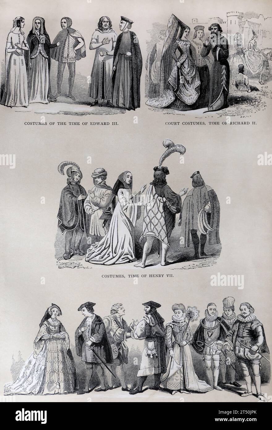 Illustration der Kostüme in England von Eduard III., Richard III., Heinrich VII., Heinrich VIII. Und Elisabeth I. aus der Popular History of Engl Stockfoto