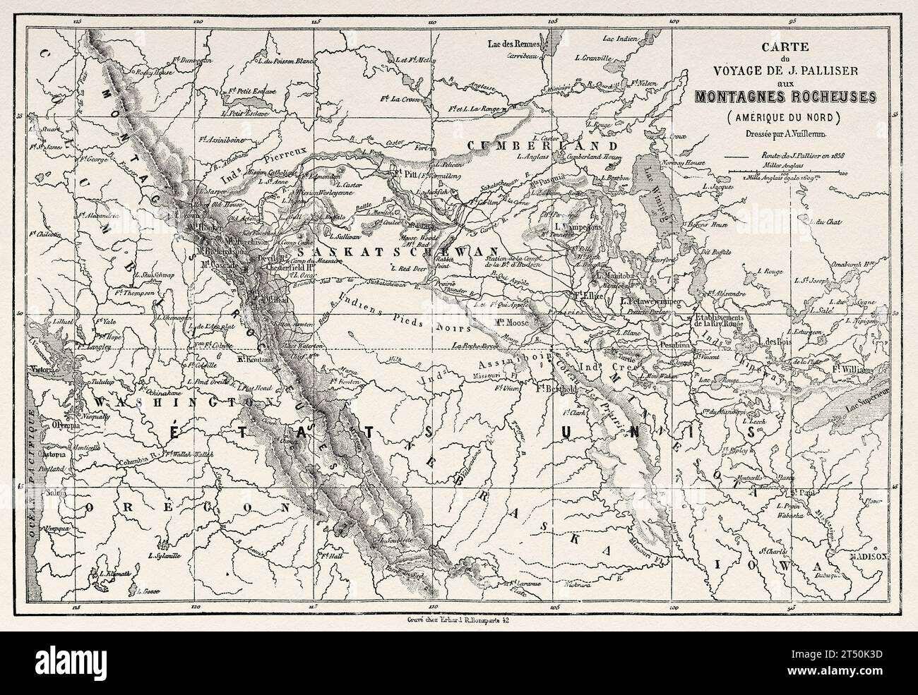 J Palliser's Rocky Mountains Reisekarte, USA. Erkundung der Rocky Mountains im Jahr 1857-1859 durch Captain John Palliser. Alter Stich aus dem 19. Jahrhundert aus Le Tour du Monde 1860 Stockfoto