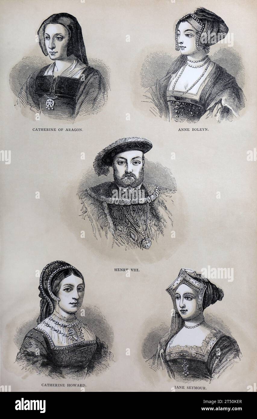 Illustration von König Heinrich VIII. Und vier seiner Königinnen - Katharina von Aragon, Anne Boleyn, Catherine Howard und Jane Seymor aus der Popular History o Stockfoto