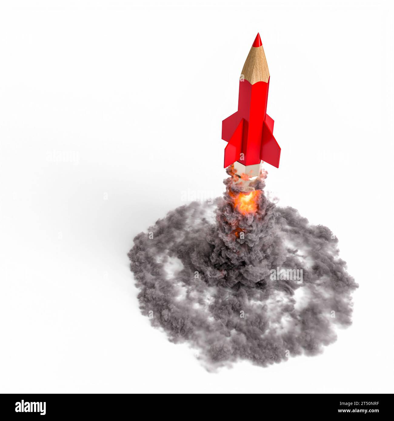 Rote, bleistiftförmige Rakete mit Rauch auf weißem Hintergrund. 3D-Rendering Stockfoto