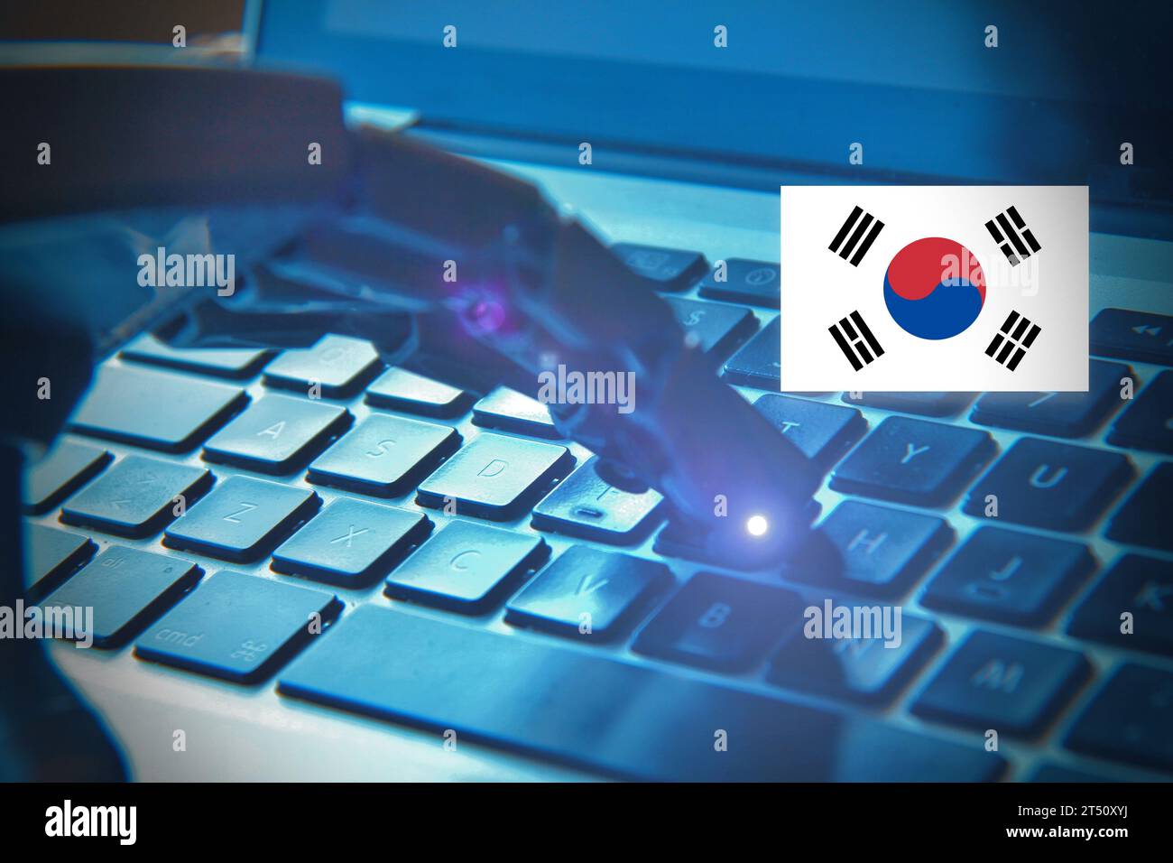 Robotic Hand Tippen auf einer Tastatur und Korean Flag, Konzept der Zukunft und KI in Korea. Stockfoto
