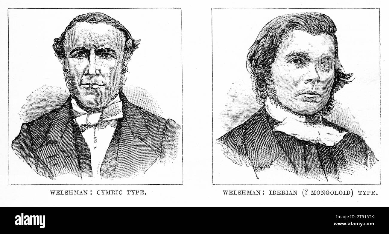 Porträt von Rassentypen unter Walismen, mit einem Vergleich zwischen dem Cymric-Typ und dem iberischen oder mongoloiden Typ. Veröffentlicht um 1880 Stockfoto