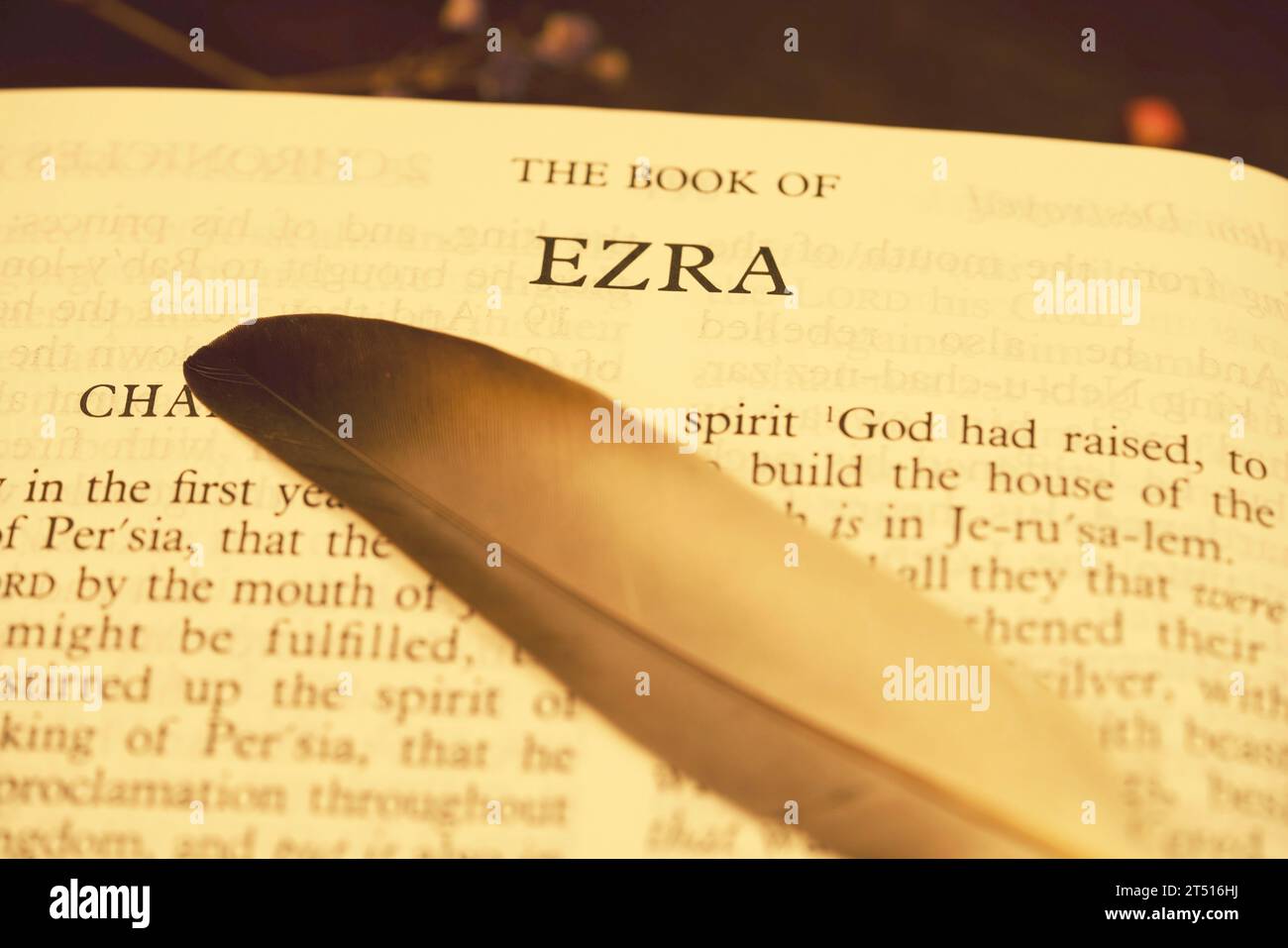 Das Holybible Buch des Buches ezra Index für Hintergrund und Inspiration mit der Feder Stockfoto