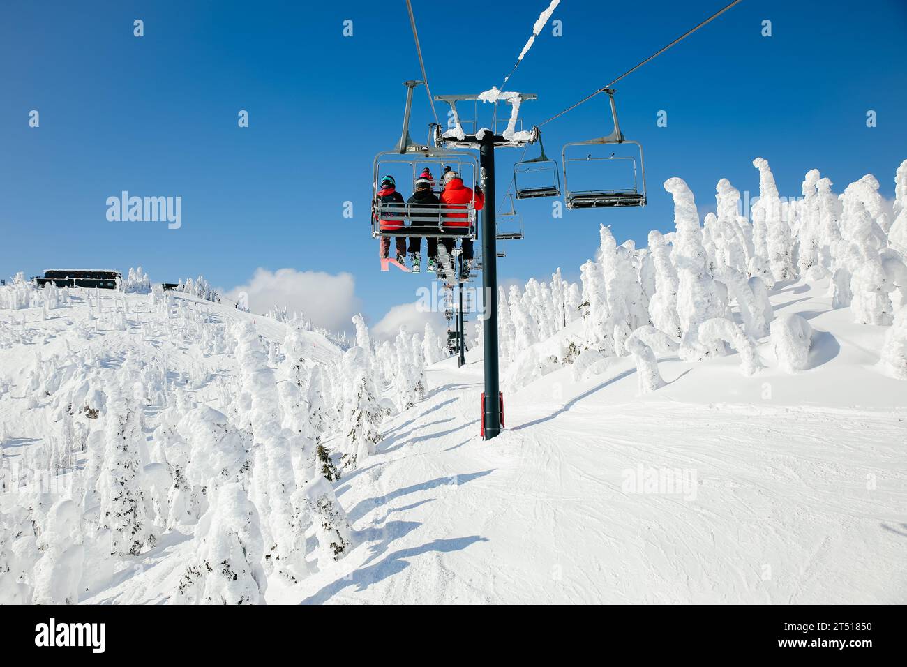 Skilift und Schneeghost im Whitefish Mountain Resort in Montana an einem Bluebird-Tag Stockfoto