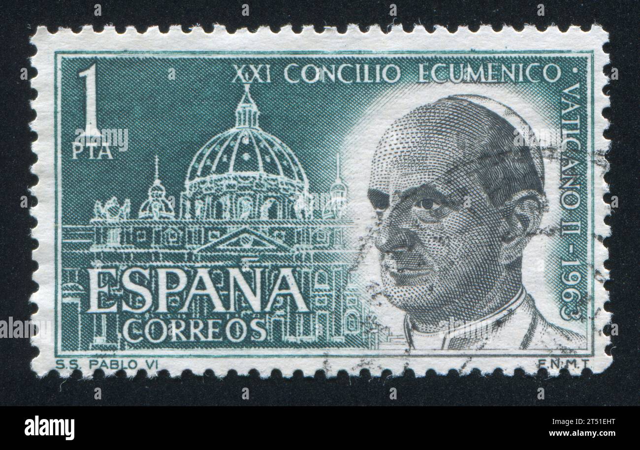 SPANIEN - CA. 1963: Briefmarke von Spanien, zeigt Papst Paul VI. Und St. Peter’s, Rom, um 1963 Stockfoto