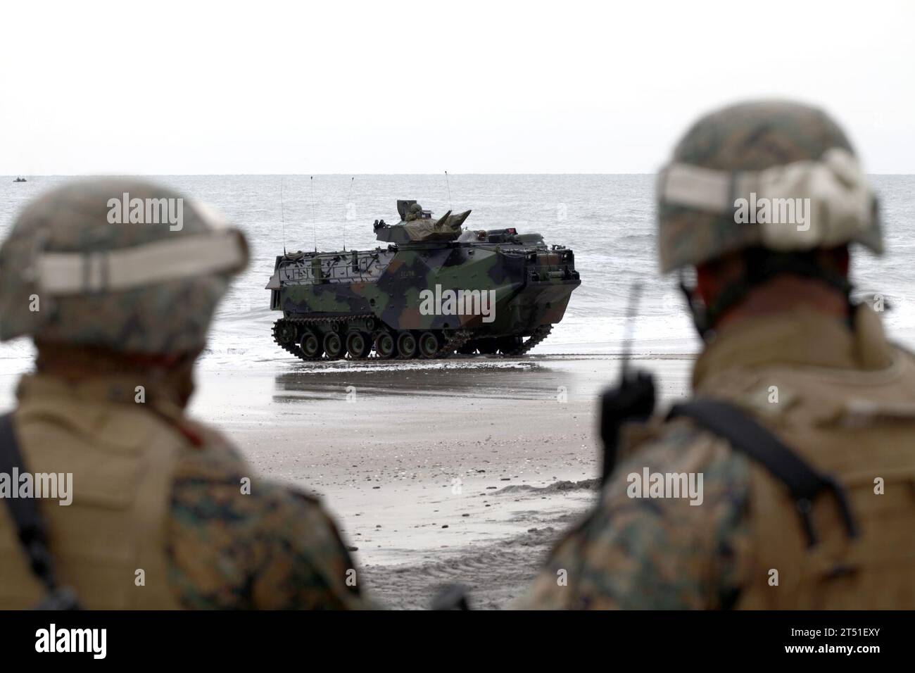 120206HJ844-043 CAMP LEJEUNE, N.C. (6. Februar 2012) US-Marines beobachten während der Übung Bold Alligator 2012 ein amphibisches Angriffsfahrzeug am Onslow Beach. Bold Alligator ist die größte amphibische Marine-Übung der letzten 10 Jahre und repräsentiert die Revitalisierung der gesamten Palette der amphibischen Operationen durch das Navy and Marine Corps. Die Übung konzentriert sich auf den heutigen Kampf mit den heutigen Kräften und zeigt die Vorteile des Seabasings auf. Diese Übung findet vom 30. Januar bis zum 12. Februar 2012 über Wasser und an Land in Virginia und North Carolina statt. #BA12 (U.S. Marine Corps Stockfoto