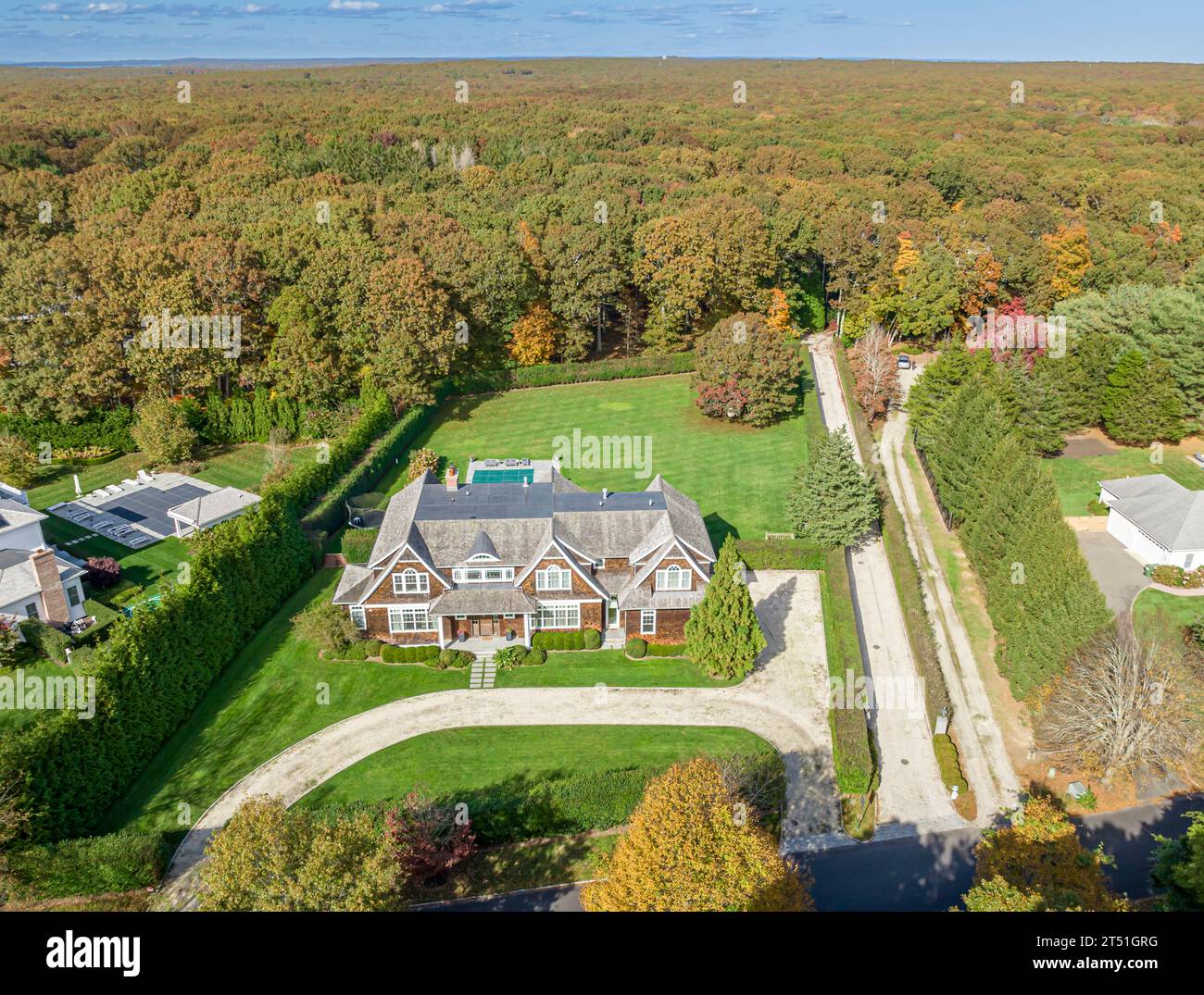 Luftaufnahme eines Hauses auf Ranch 16, Sagaponack, ny Stockfoto