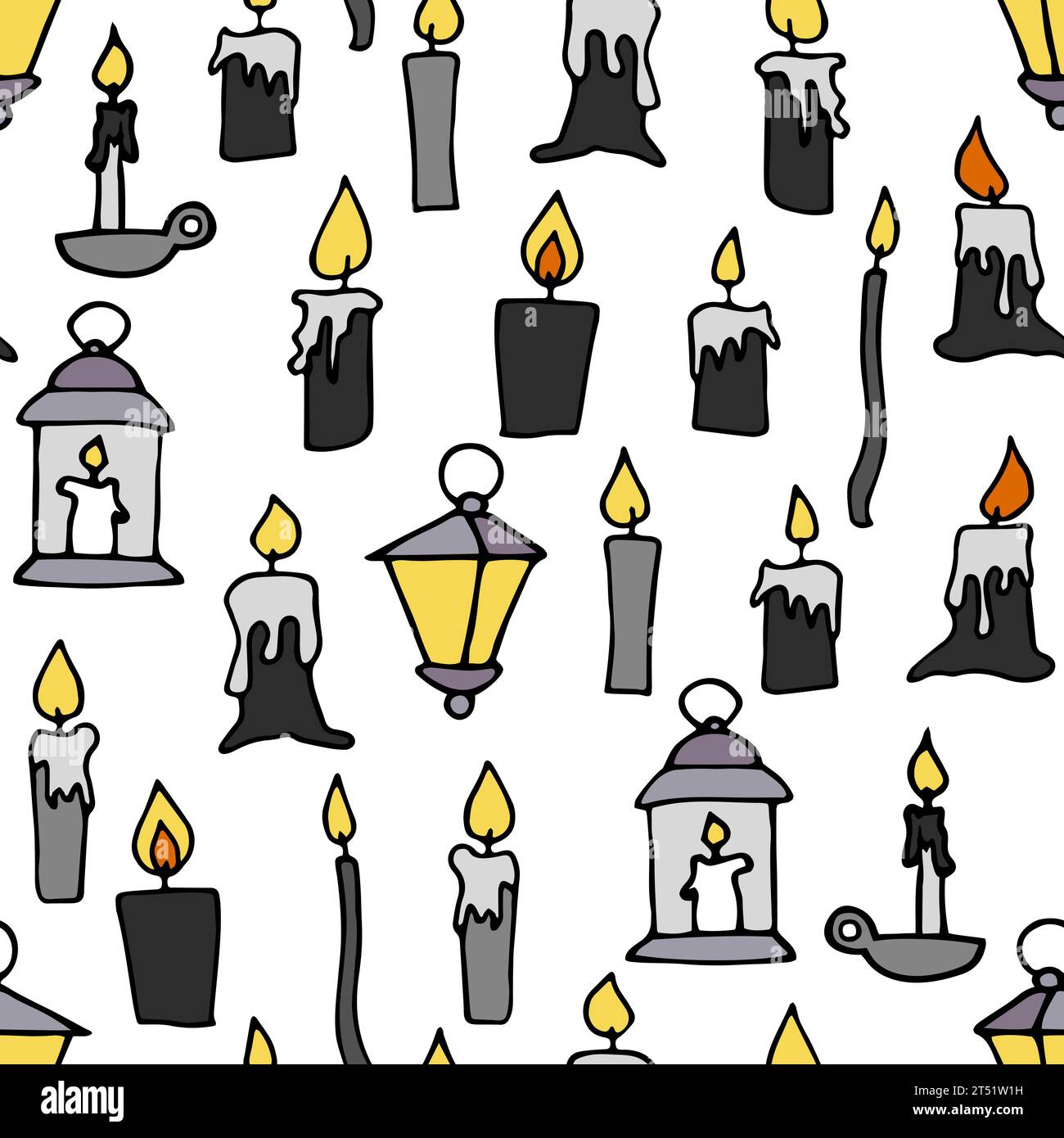 Doodle brennende schwebende Kerzen nahtloses Muster. Handgezeichneter schwarzer Kerzenhalter, Lampe auf weißem Hintergrund. Weihnachten, Weihnachten, Kirche, Halloween-Drippi Stock Vektor