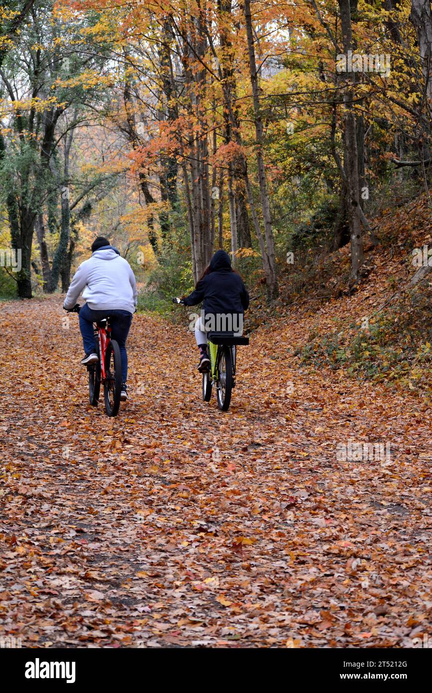 Ein Paar macht eine Fahrradtour im Herbst auf dem beliebten Virginia Creeper Trail in Abingdon, Virginia. Stockfoto