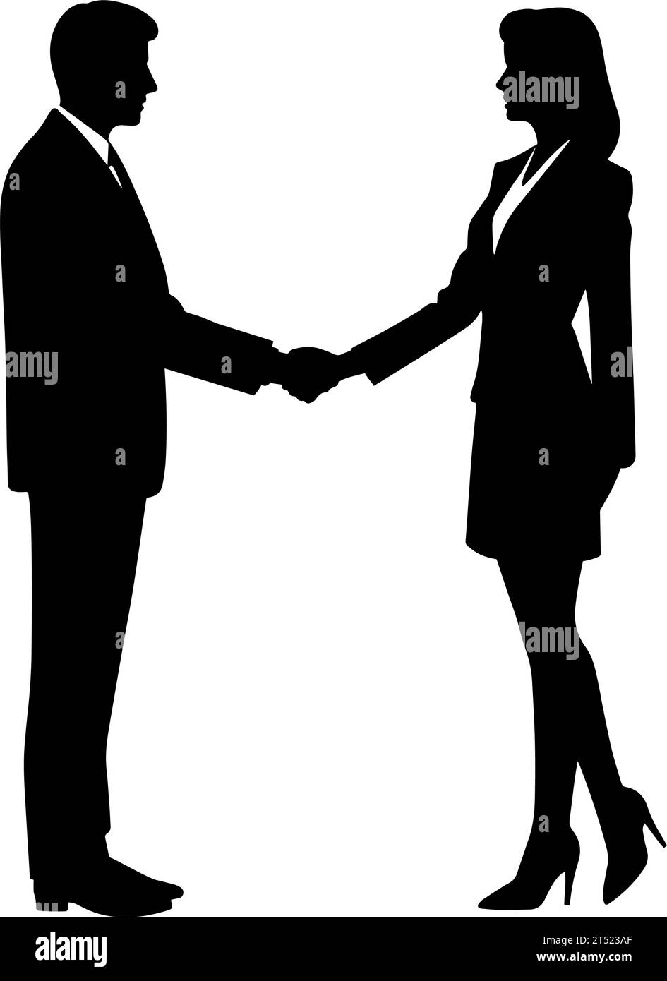 Silhouette eines Geschäftsmannes und einer Geschäftsfrau, die nach einem Deal die Hand schütteln. Vektorabbildung Stock Vektor