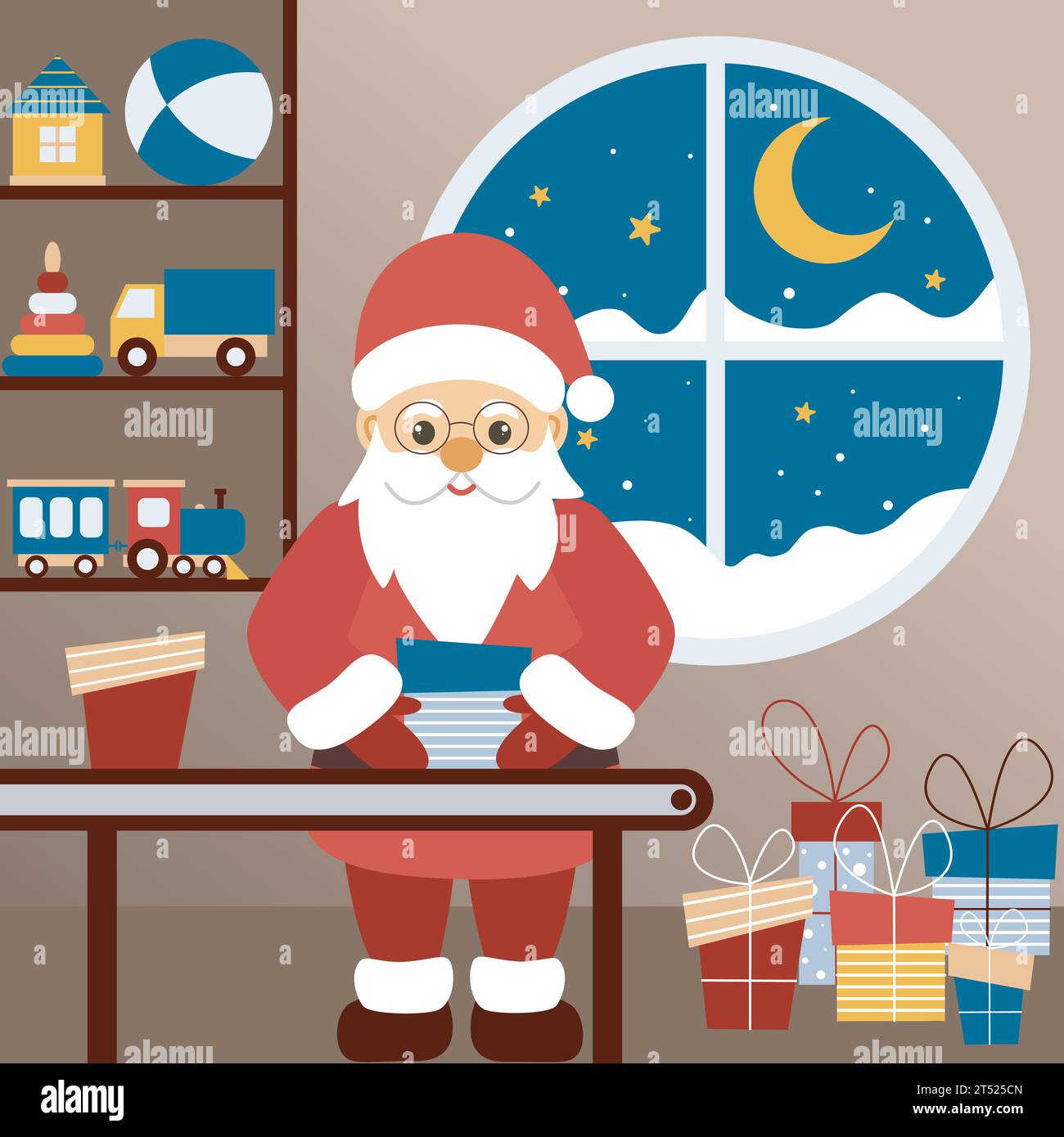 Der Weihnachtsmann packt Geschenke in seiner Wohnung. Der Weihnachtsmann sammelt Kisten mit Geschenken für Kinder. Weihnachten und Silvester. Niedlicher traditioneller Charakter Stock Vektor