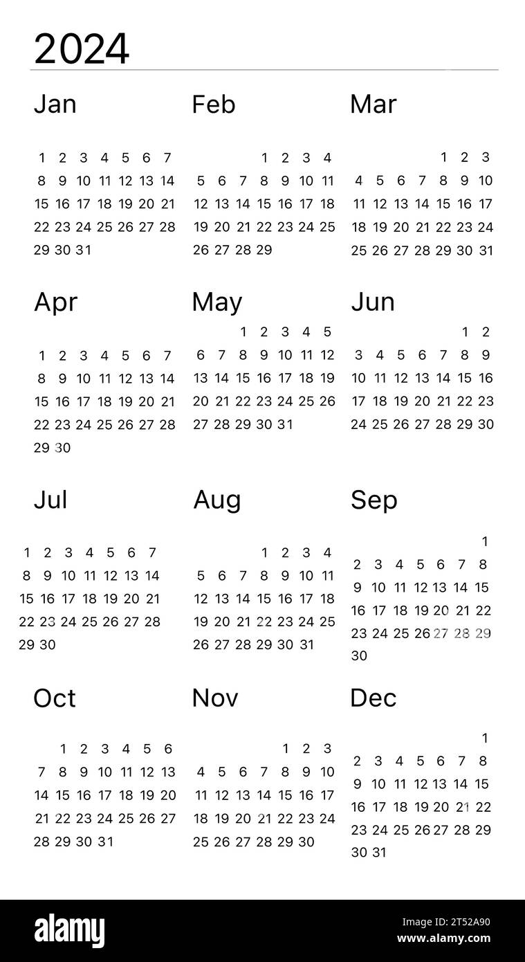 2024 Design der Kalendervorlage. Die Woche beginnt mit dem Sonntagskalender. Desktop-Planer in schlichtem, sauberem Stil. Firmenkalender oder Geschäftskalender. Stock Vektor