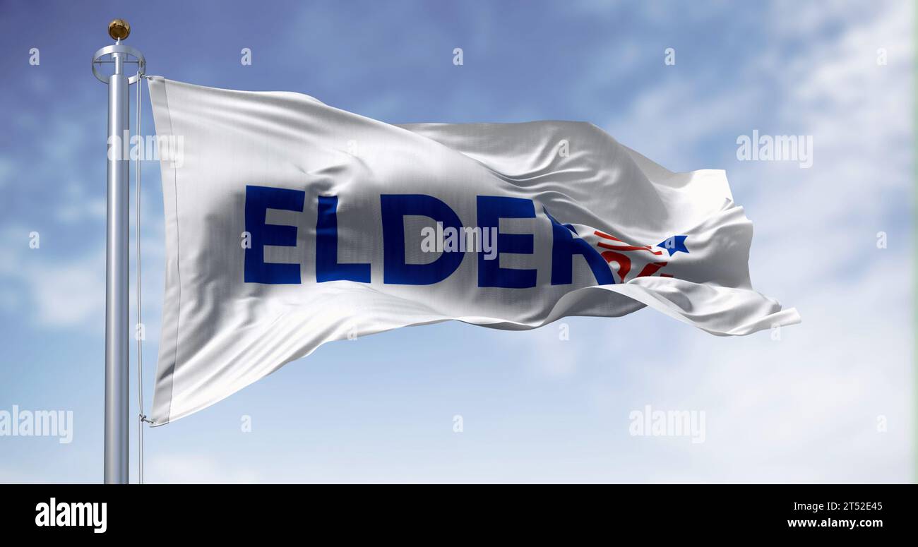 Jersey City, USA, 20. Oktober 2023: Larry Elder 2024 die Flagge des Präsidentschaftswahlkampfes winkt an einem klaren Tag. Illustrierendes redaktionelles 3D-Illustrationsrendering. 2024 Stockfoto