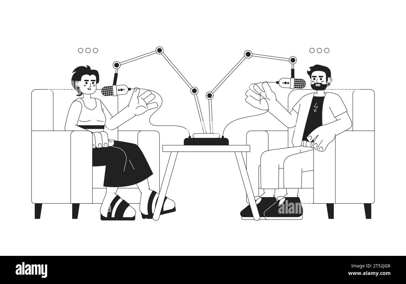 Podcast in Schwarzweiß-Zeichentrickgrafik mit Co-Moderator Stock Vektor