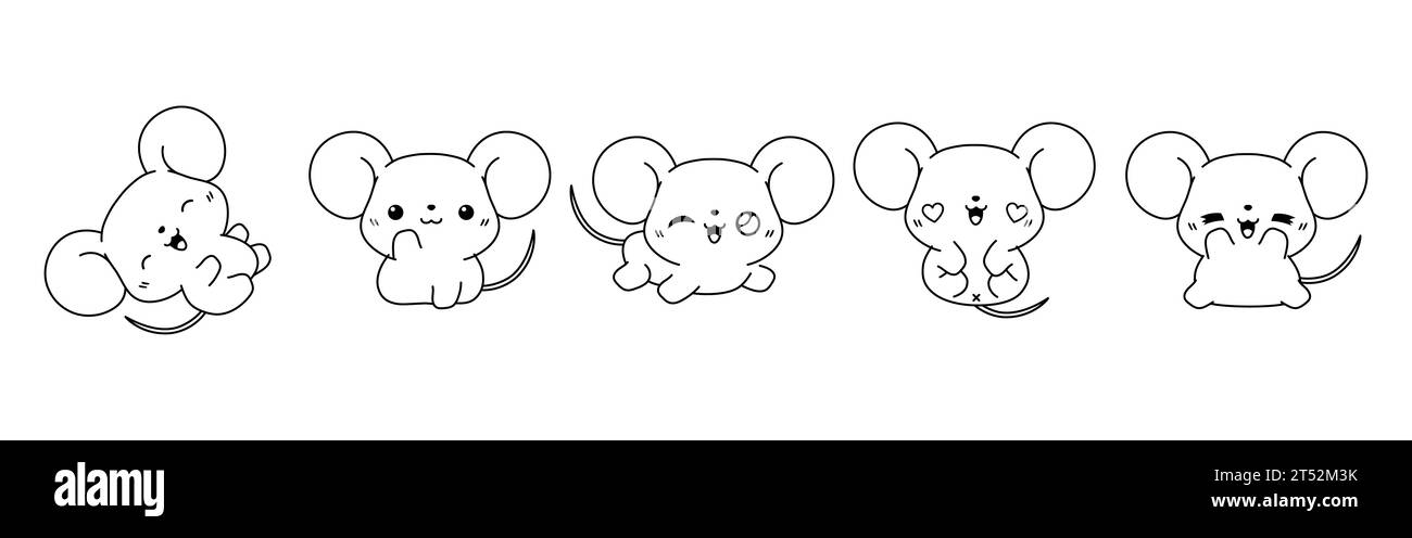 Satz der Vektor-Cartoon-Maus-Malseite. Kollektion von Kawaii isolierten Baby Mäuse Outline für Aufkleber, Babydusche, Malbuch, Drucke für Stock Vektor