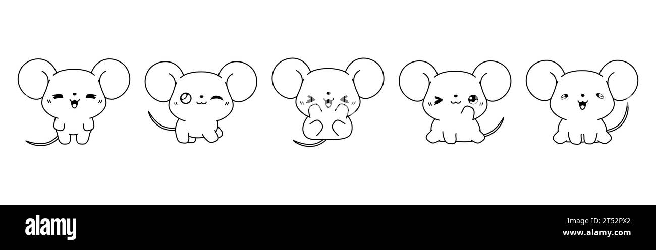 Sammlung von Vektor-Cartoon Baby Maus Malseite. Set von Kawaii isolierte Ratte Outline für Aufkleber, Babydusche, Malbuch, Drucke für Kleidung Stock Vektor