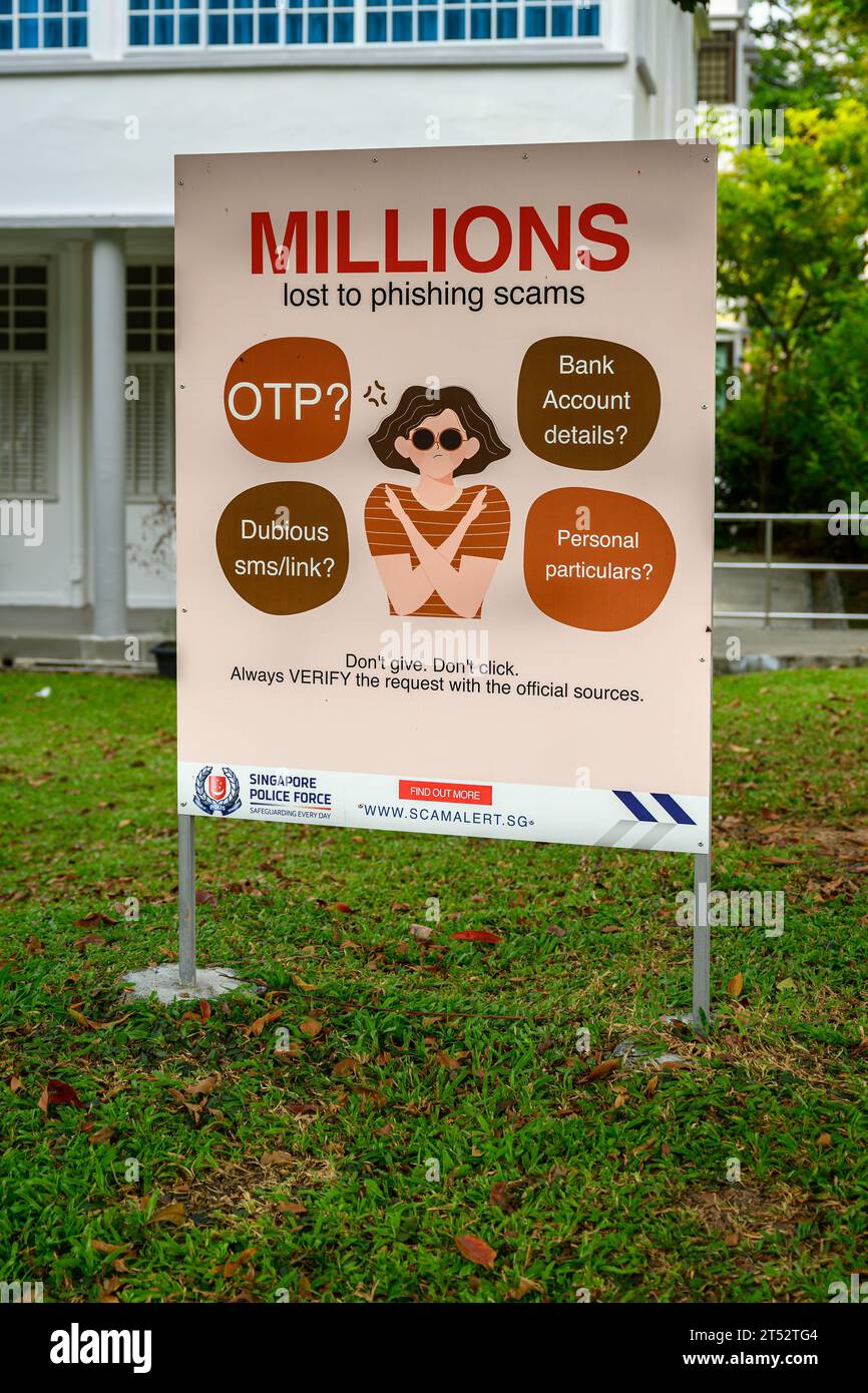 Ein Poster, das vor Online-Betrug in Singapur warnt Stockfoto