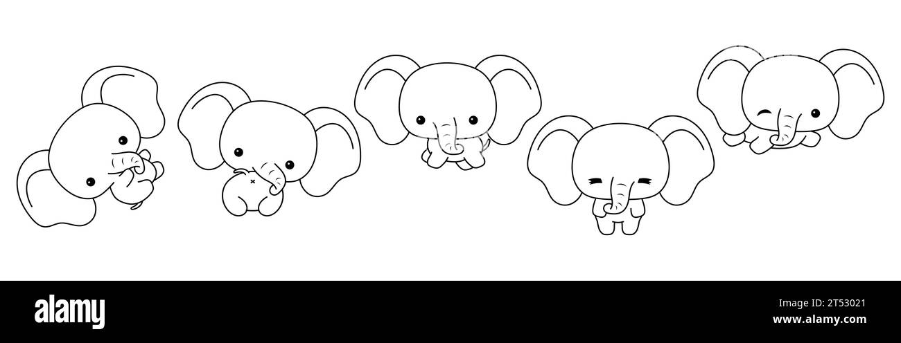 Sammlung von Vektor-Cartoon Baby Elefant Malseite. Set von Kawaii isolierte Tierumrisse für Aufkleber, Babydusche, Malbuch, Drucke für Stock Vektor