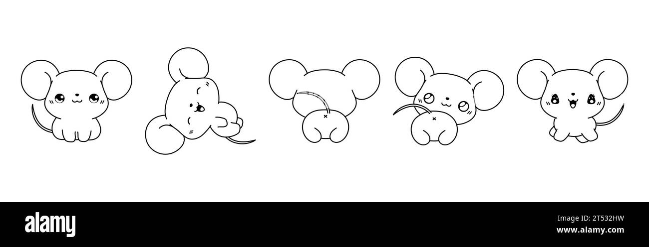Set von Kawaii isolierte Baby-Ratte-Malseite. Sammlung von niedlichen Vektor-Cartoon-Mäuse-Outline für Aufkleber, Baby-Dusche, Malbuch, Drucke für Stock Vektor